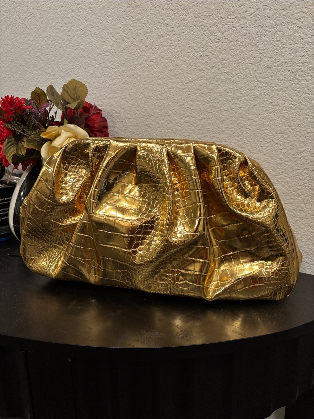 PrettyLittleThing Metallic Gold Croc-Embossed Evening Clutch